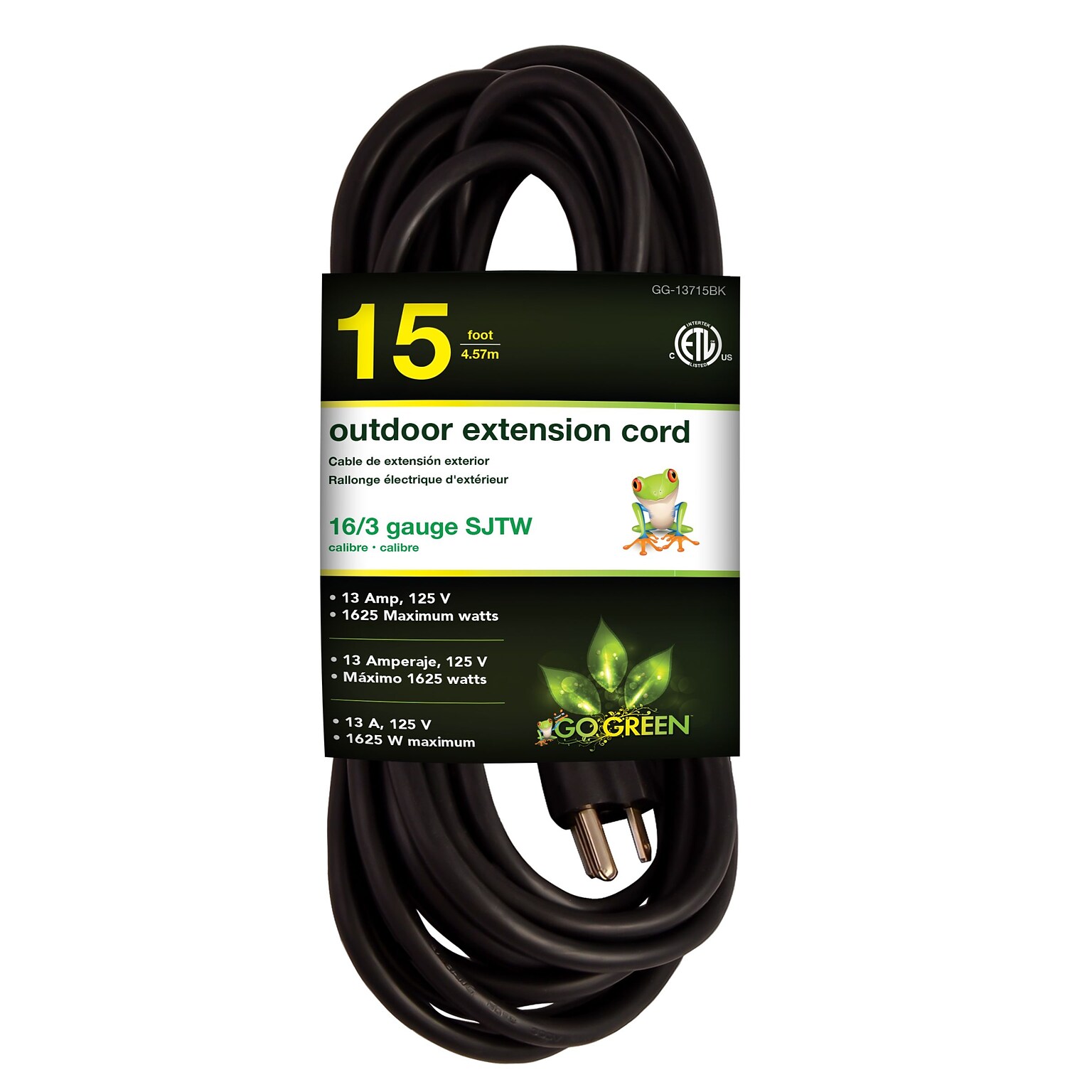 GoGreen Power 15 Indoor/Outdoor Extension Cord, 16 AWG, Black (GG-13715BK)