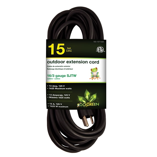 Go Green Power 15 Indoor/Outdoor Extension Cord, 16 AWG, Black (GG-13715BK)