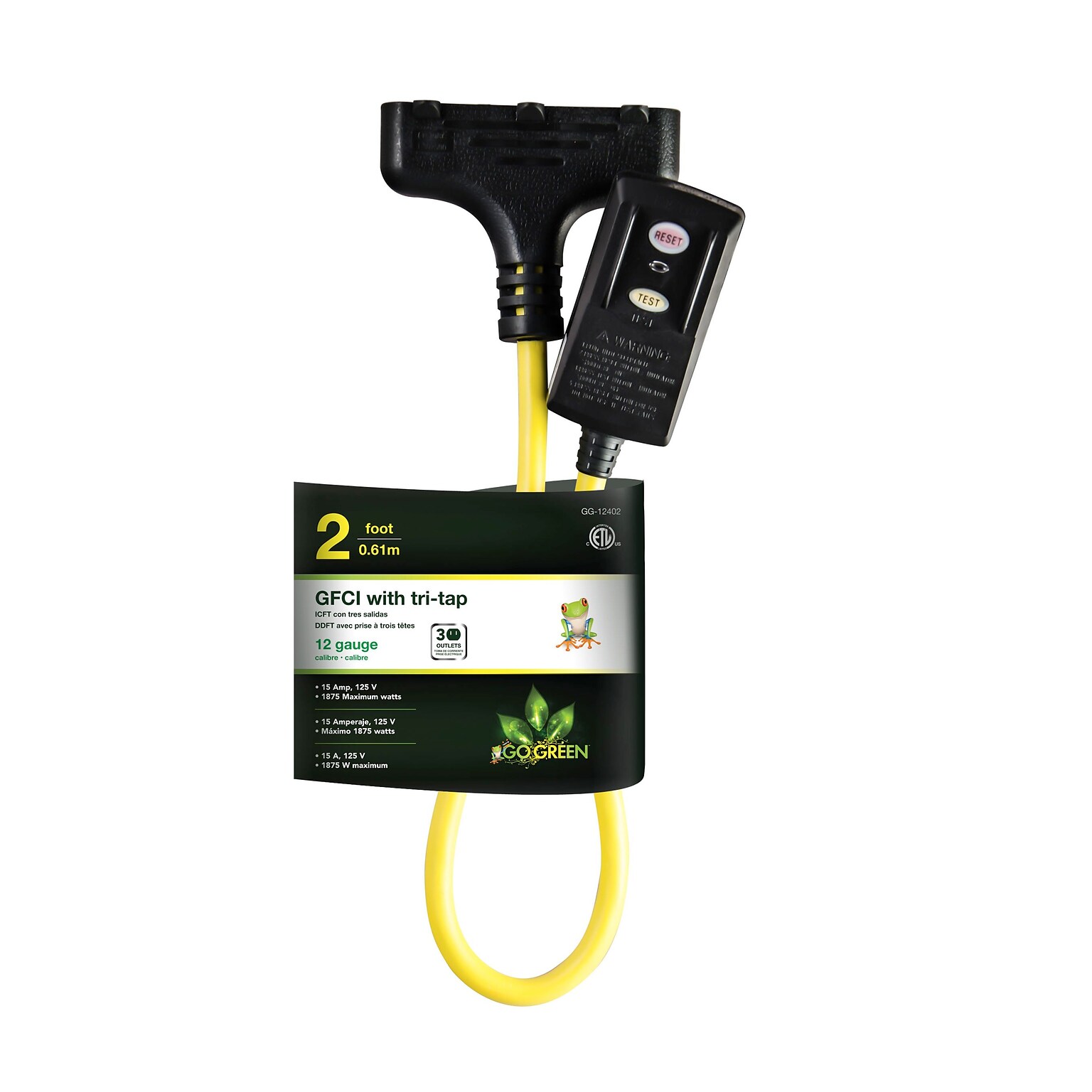 GoGreen Power 12/3 2 Portable Tri-Tap GFCI, Yellow (GG-12402)