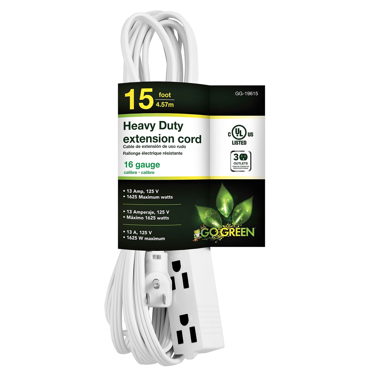 GoGreen Power 15 Extension Cord, 3-Outlet, 16 AWG, White (GG-19615)