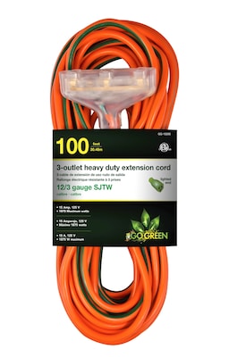 GoGreen Power 100 Indoor/Outdoor Extension Cord, 3-Outlet, 12 AWG, Orange (GG-15200)