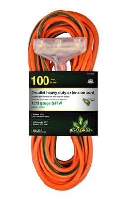 GoGreen Power 100 Indoor/Outdoor Extension Cord, 3-Outlet, 12 AWG, Orange (GG-15200)