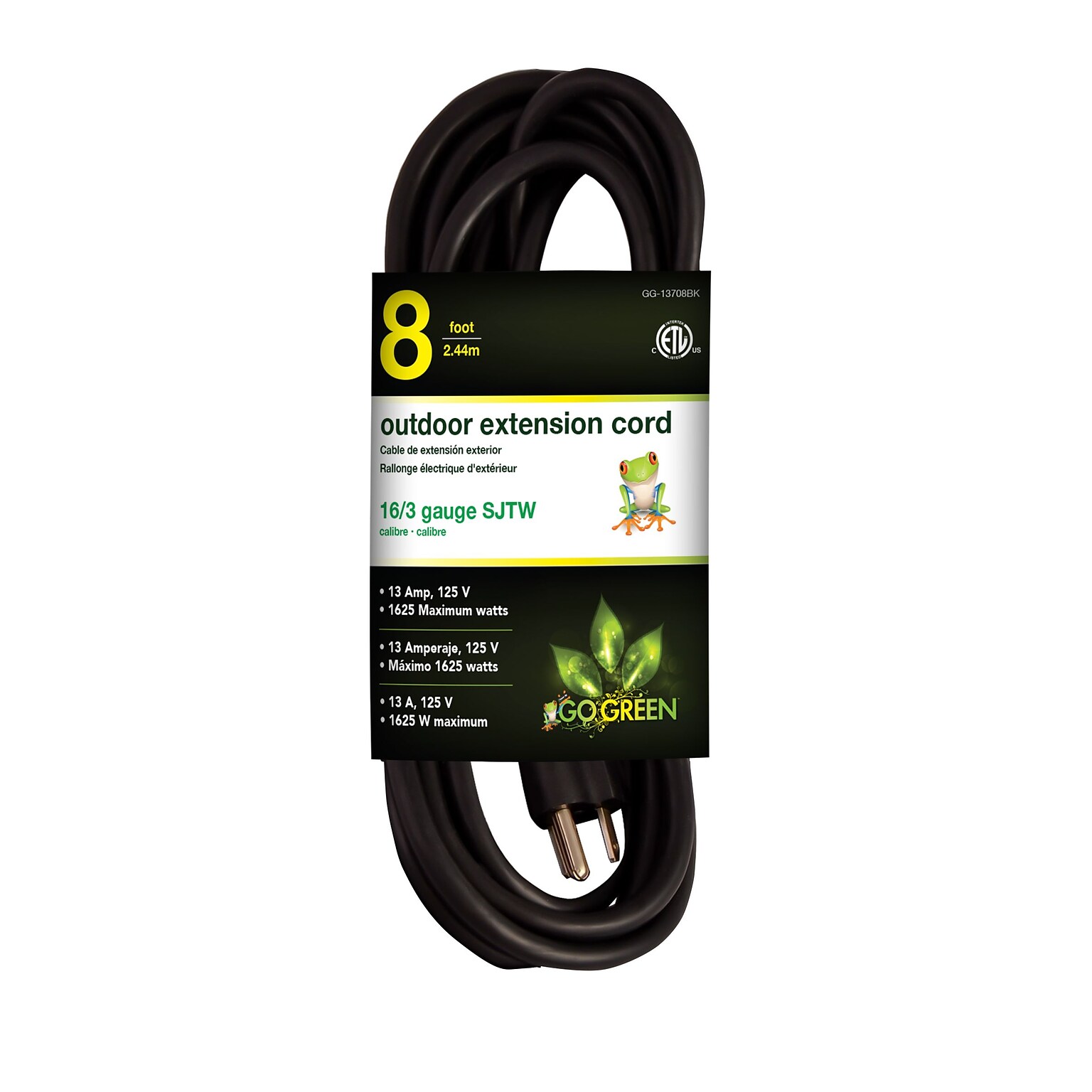 GoGreen Power 16/3 8 Heavy Duty Extension Cord, Black - GG-13708BK
