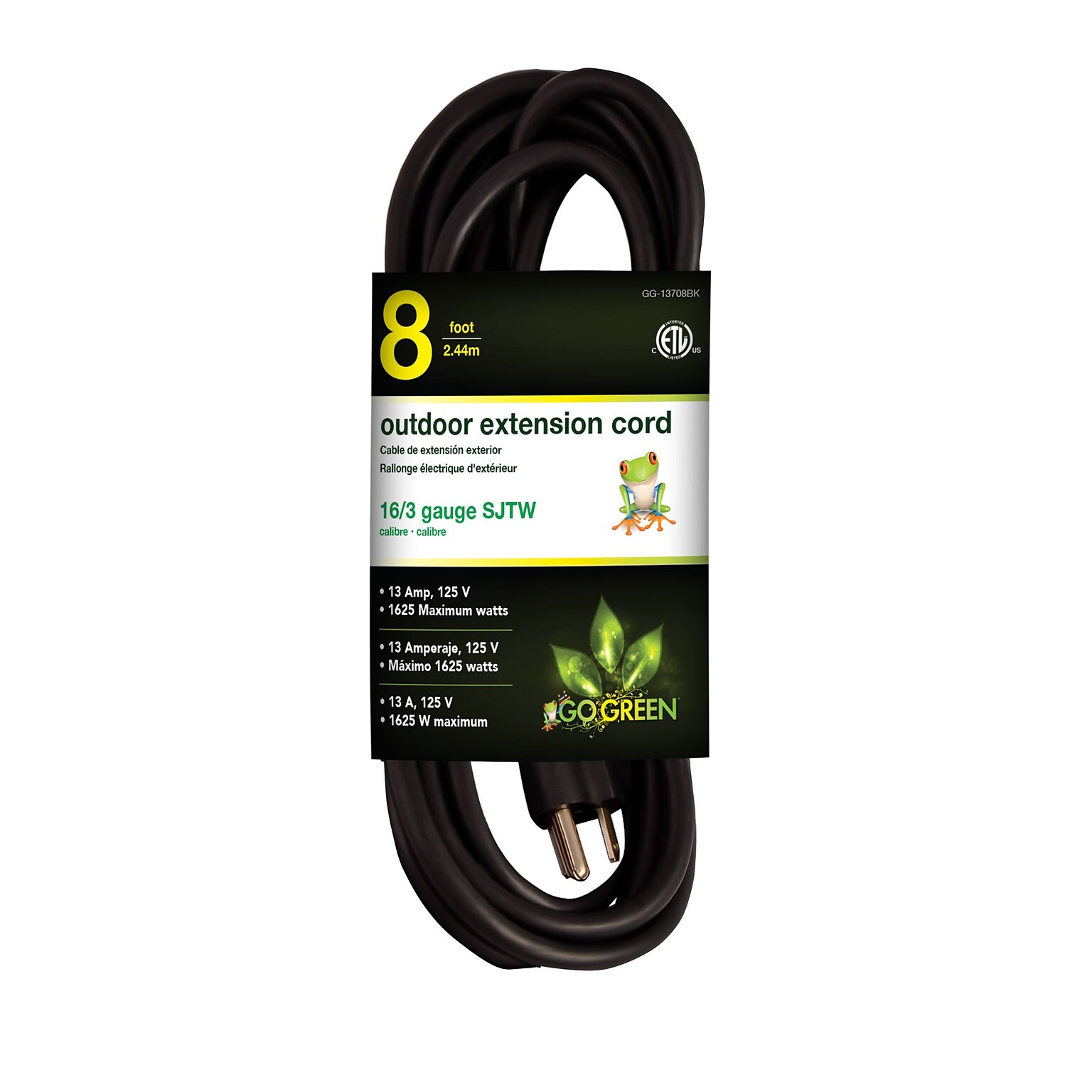 GoGreen Power 8 Indoor/Outdoor Extension Cord, 16 AWG, Black (GG-13708BK)