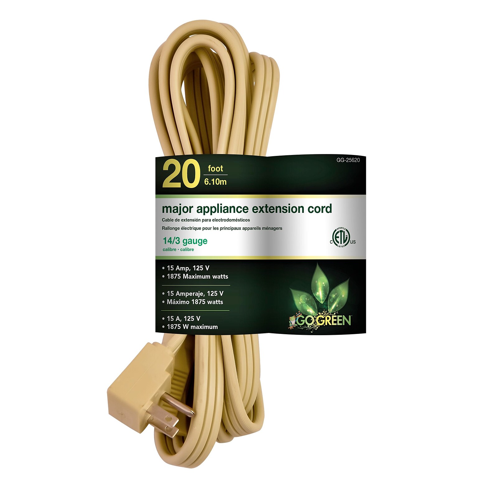 GoGreen Power 14/3 20 Appliance Cord, Beige, 2/Pack (GG-25620)