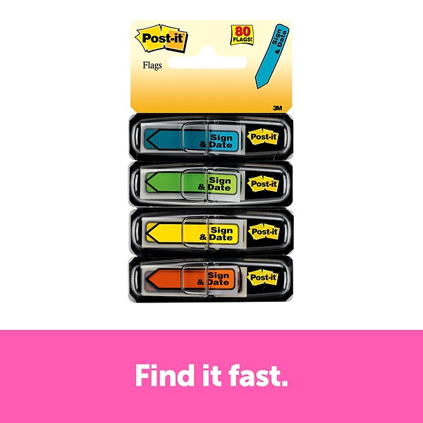 Post-it® Sign and Date Message Flags, 0.47 Wide, Assorted Colors, 80 Flags/Pack (684-SD)