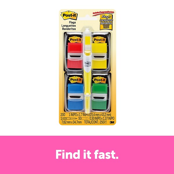Post-it® Flags Value Pack, .94 Wide, Assorted Colors, 200 Flags/Pack plus Flag + Highlighter (680-RYBGVA)
