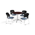 OFM 36 Round Multi-Purpose Mahogany Table with Four Cornflower Blue Chairs (PKG-BRK-167-0038)