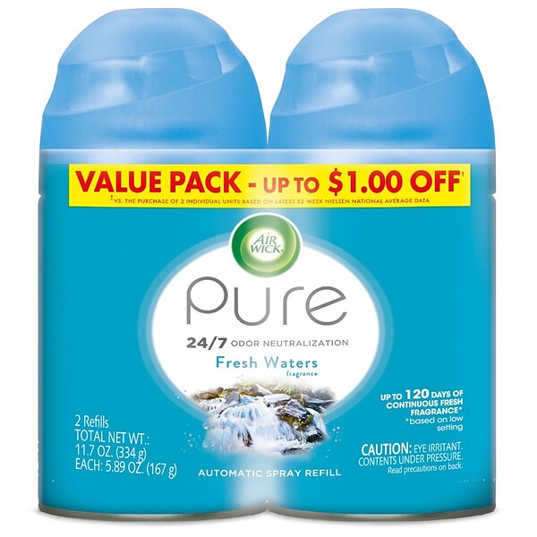 Air Wick Freshmatic Ultra Automatic Aerosol Air System Refills, Fresh Waters, 3 Double Packs/Carton (6233882093CT)