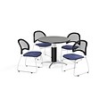 OFM 36 Round Mesh Base Gray Nebula Table with Four Colonial Blue Chairs (PKG-BRK-173-0020)