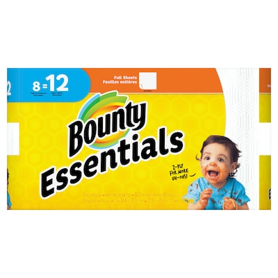 Bounty Essentials Single Plus Full Sheet Paper Towel, 2-Ply, White, 60 Sheets/Roll, 8 Single Plus Rolls/Carton (74680)