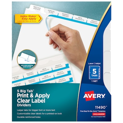 Avery Index Maker Big Tab Paper Dividers with Print & Apply Label Sheets, 5 Tabs, White (11490)