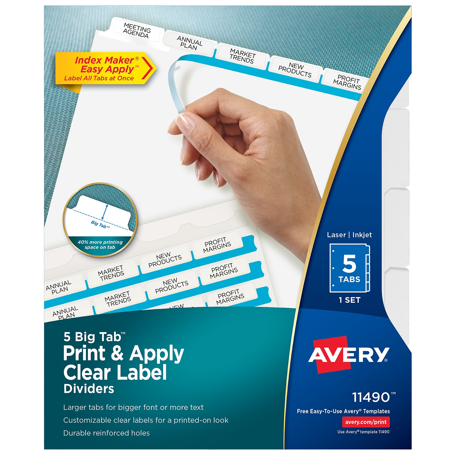 Avery Index Maker Big Tab Paper Dividers with Print & Apply Label Sheets, 5 Tabs, White (11490)