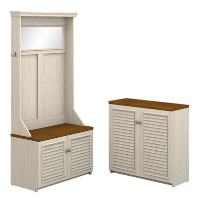 Bush Furniture Fairview Hall Tree with Shoe Bench and Small Storage Cabinet, Antique White/Tea Maple (FV016AW)