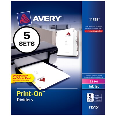 Avery Print-On Paper Dividers, 5 Tabs, White, 5 Sets/Pack (11515)