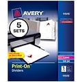 Avery Print-On Paper Dividers, 5 Tabs, White, 5 Sets/Pack (11515)
