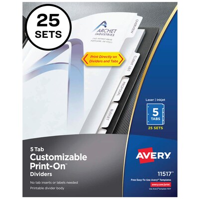 Avery Print-On Paper Dividers, 5 Tabs, White, 25 Sets/Pack (11517)