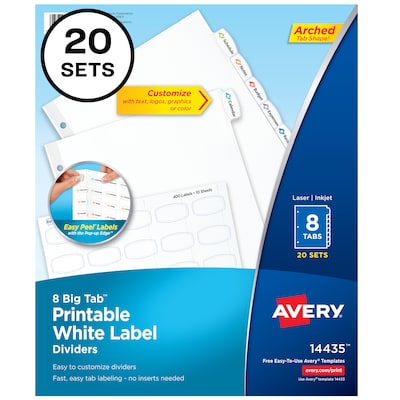 Avery Big Tab Printable Paper Dividers with White Labels, 8 Tabs, 20 Sets/Pack (11435)