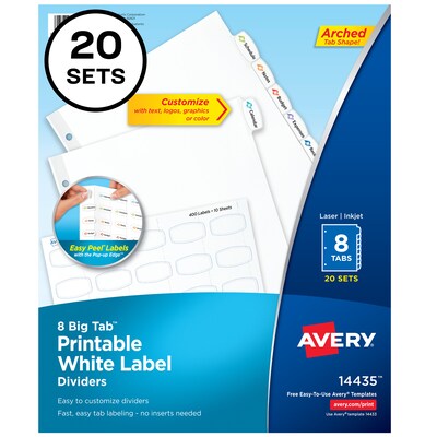 Avery Big Tab Printable Paper Dividers with White Labels, 8 Tabs, 20 Sets/Pack (11435)