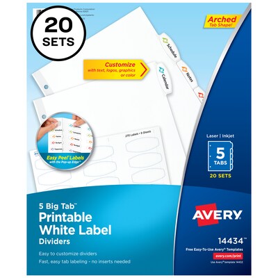 Avery Big Tab Printable Paper Dividers with White Labels, 5 Tabs, 20 Sets/Pack (11434)
