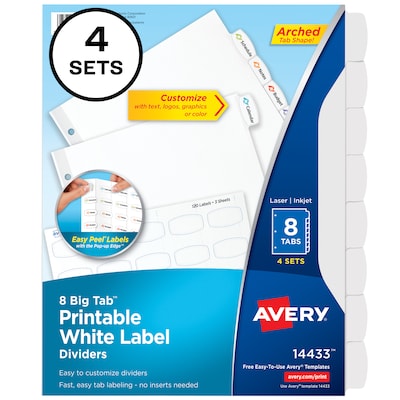 Avery Big Tab Printable Paper Dividers with White Labels, 8 Tabs, 4 Sets/Pack (14433)