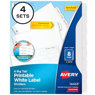 Avery Big Tab Printable Paper Dividers with White Labels, 8 Tabs, 4 Sets/Pack (14433)