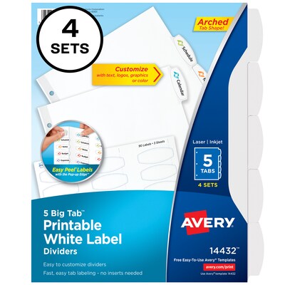 Avery Big Tab Printable Paper Dividers with White Labels, 5 Tabs, 4 Sets/Pack (11432)
