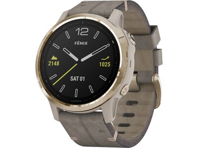 Garmin fenix 6S Sapphire Multisport GPS Watch, Light Gold-Tone with Shale Gray Leather Band (010-02159-39)