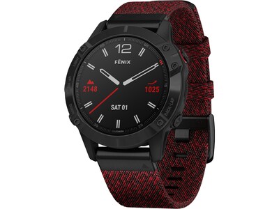 Garmin fenix 6 Sapphire Multisport GPS Watch, Black DLC with Heathered Red Nylon Band (010-02158-16)