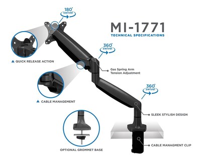 Mount-It! Height Adjustable Single Monitor Desk Mount Arm for 13"-32" Monitors (MI-1771B)