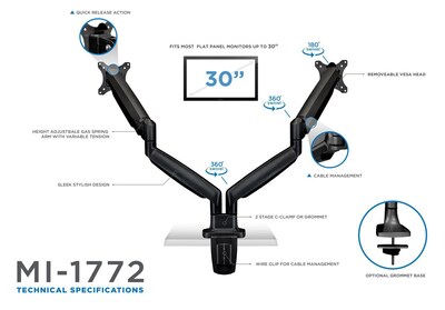 Mount-It! Height Adjustable Dual Monitor Desk Mount Arms for 13" to 32" Monitors, Black (MI-1772-BLACK)