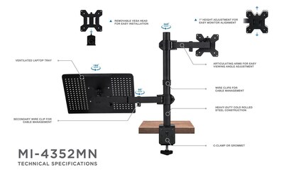 Mount-It! Laptop Desk Stand and Monitor Mount for 17" Laptops and 13"-27" Monitors, Black (MI-4352LTMN)