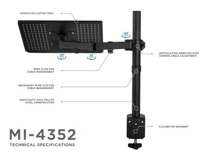 Mount-It! 19" x 19" Steel Mount Laptop Desk Stand for 17" Laptops, Black (MI-4352LT)