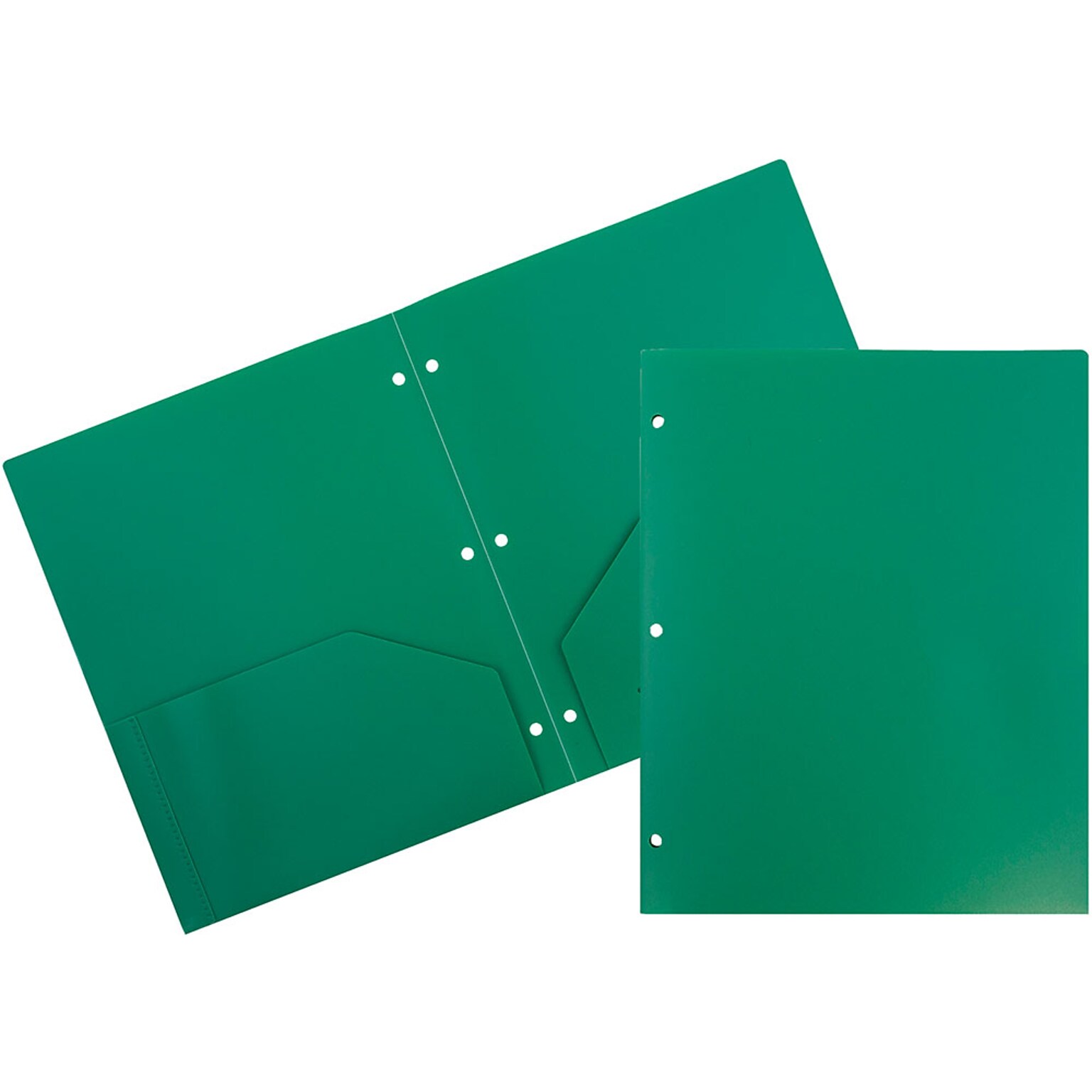 JAM Paper Heavy Duty Plastic 3 Hole Punch Two-Pocket Folders, Green, 6/Pack (383HHPGRB)