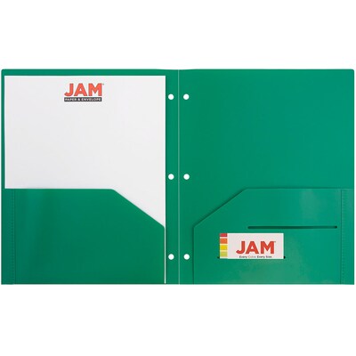 JAM Paper Heavy Duty Plastic 3 Hole Punch Two-Pocket Folders, Green, 6/Pack (383HHPGRB)