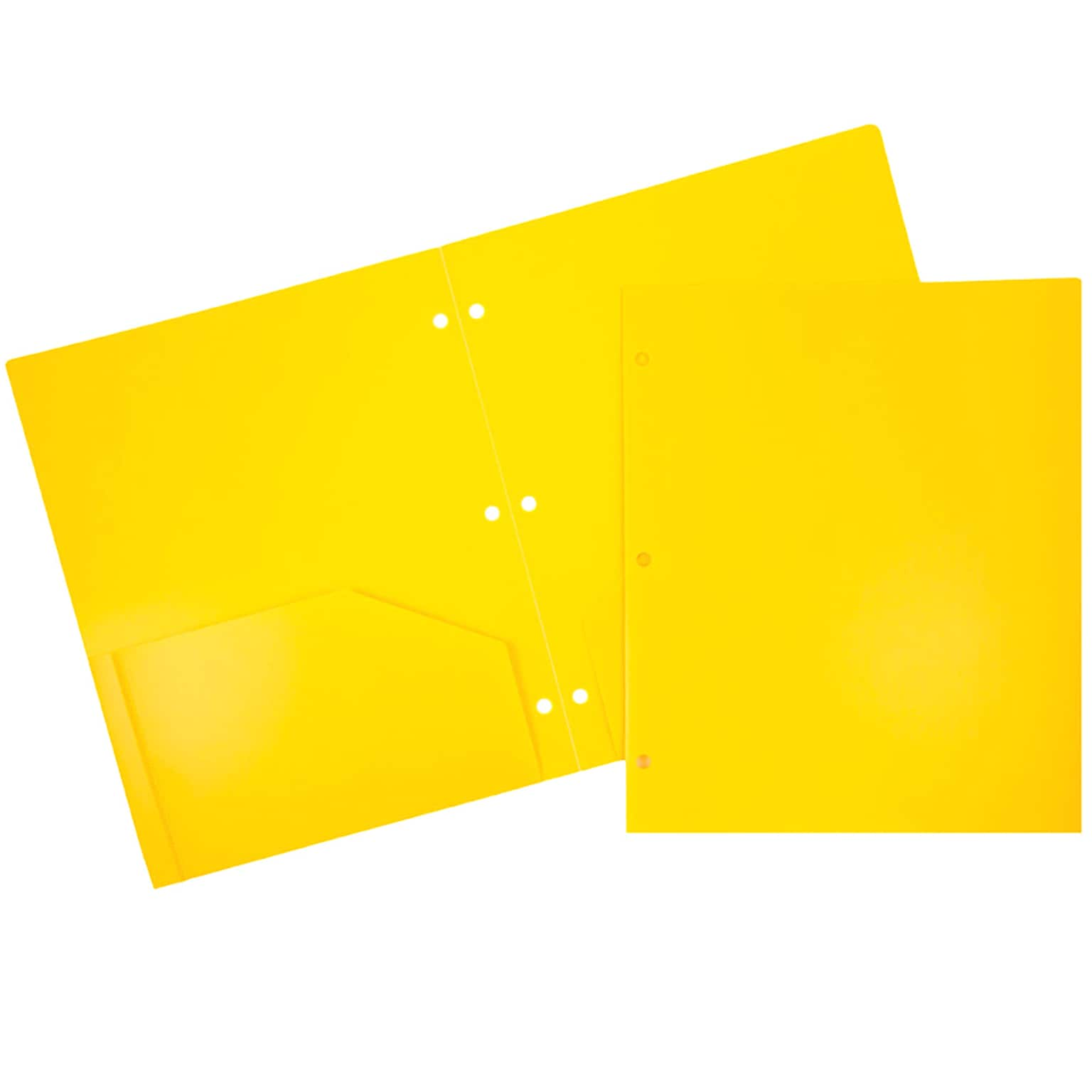 JAM Paper Heavy Duty 3 Hole Punch Two-Pocket Plastic Folders, Yellow, 6/Pack (383HHPYEB)