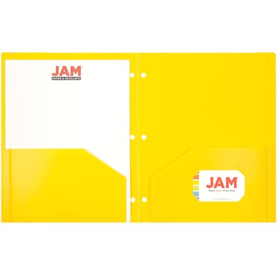 JAM Paper Heavy Duty 3 Hole Punch Two-Pocket Plastic Folders, Yellow, 6/Pack (383HHPYEB)