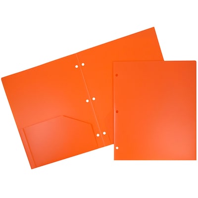 JAM Paper Heavy Duty 3 Hole Punch Two-Pocket Plastic Folders, Orange, 6/Pack (383HHPORB)