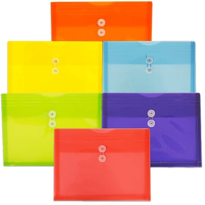 JAM PAPER Plastic Filing Envelopes with Button & String Tie Closure, Letter Size, Assorted Colors, 6