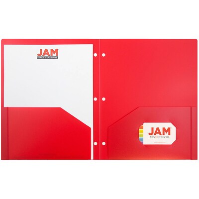 JAM Paper Heavy Duty 3 Hole Punch Two-Pocket Plastic Folders, Red, 108/Pack (383HHPREA)