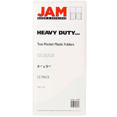 JAM Paper Heavy Duty Plastic Two-Pocket Mini Folders, 4 1/4 x 9 1/8, Clear, 6/Pack (96450D)