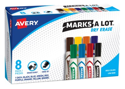 Avery Marks-A-Lot Dry Erase Markers, Chisel Tip, Assorted, 8/Pack (24411)