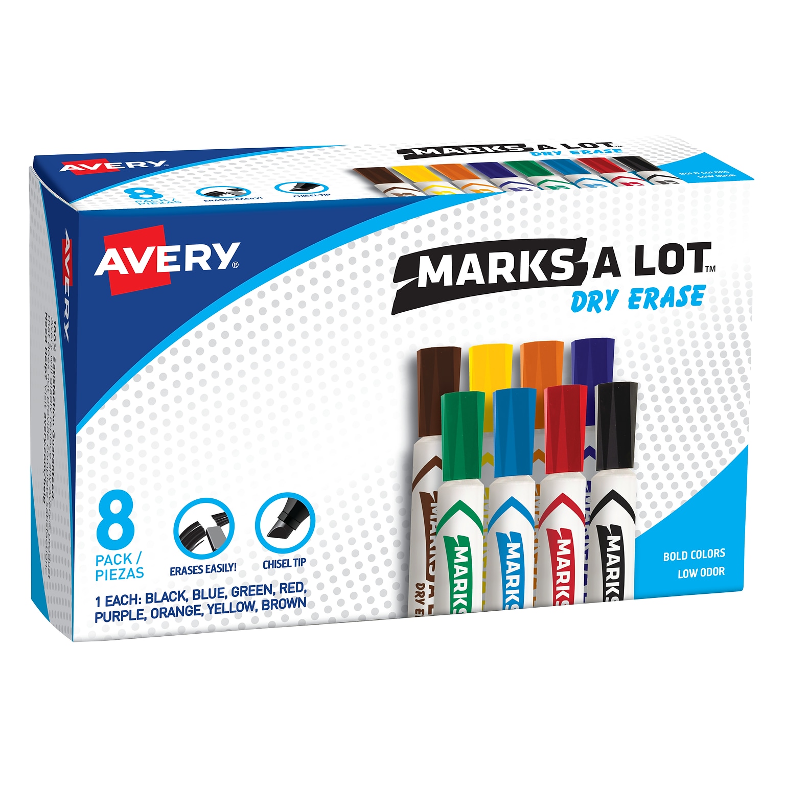 Avery Marks-A-Lot Dry Erase Markers, Chisel Tip, Assorted, 8/Pack (24411)