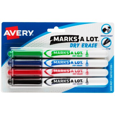 Avery Marks A Lot Pen-Style Dry Erase Markers, Fine Point, Assorted, 4/Set (24459)
