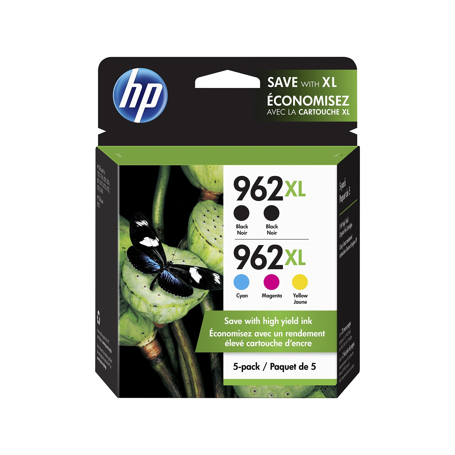 HP 962XL Twin Black, Cyan/Magenta/Yellow Ink Cartridges, High Yield, 5/Pack (6ZA57AN)