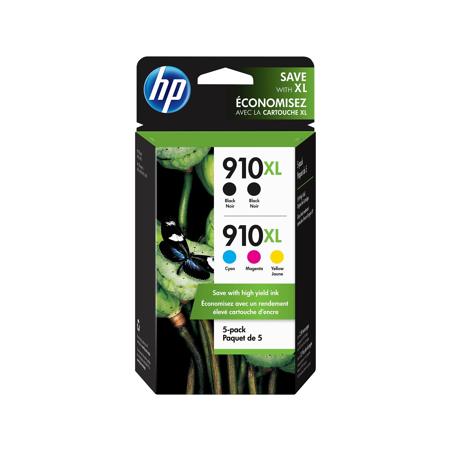 HP 910XL Black/Cyan/Magenta/Yellow High Yield Ink Cartridges, 5/Pack (6ZA558AN)