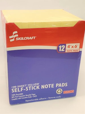 AbilityOne SkilCraft Self-Stick Note Pad, 4 x 6, Yellow, 100 Sheets/Pad, 12 Pads/Pack (864D)