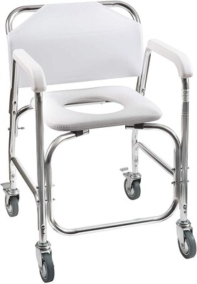 Photo 1 of DMI Rolling Shower Chair, Commode, Transport Chair, Rolling Bathroom Wheelchair for Handicap, Elderly, Injured or Disabled, Rear Locking Wheels, 250 lb. Weight Capacity, White  24 x 22 x 34
