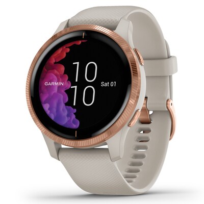 Garmin Venu GPS Smartwatch, Rose Gold Stainless Steel Bezel with Light Sand Case and Silicone Band (010-02173-21)