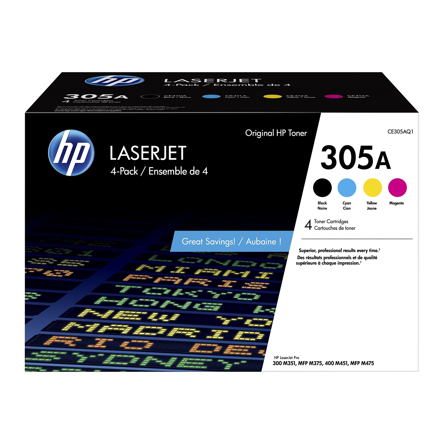 HP 305A Black/Cyan/Magenta/Yellow Standard Yield Toner Cartridge (CE305AQ1)